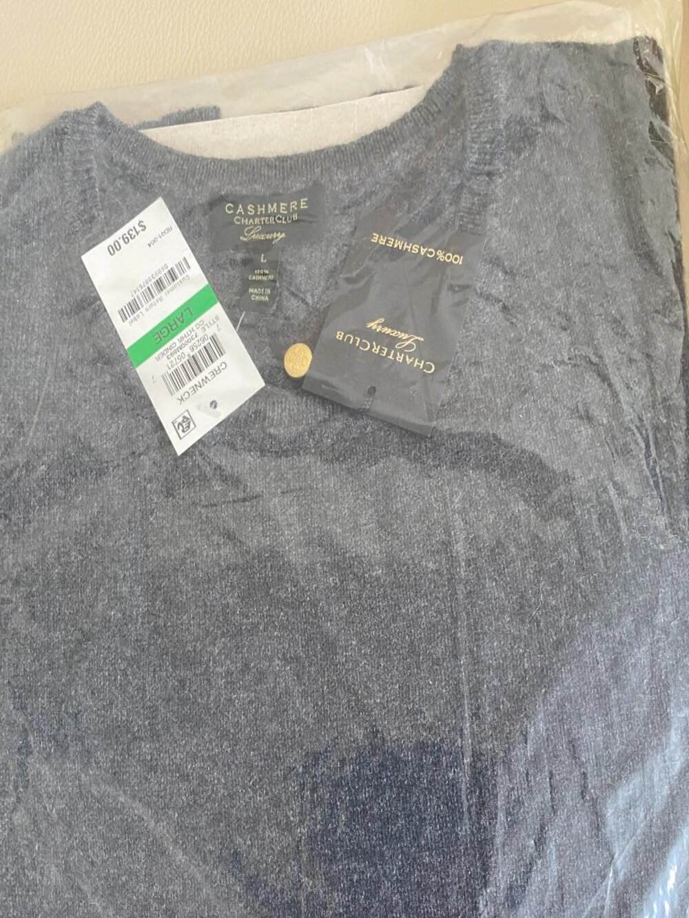 NWT Charter Club 100% Cashmere Crewneck Sweater – Cinder – L
